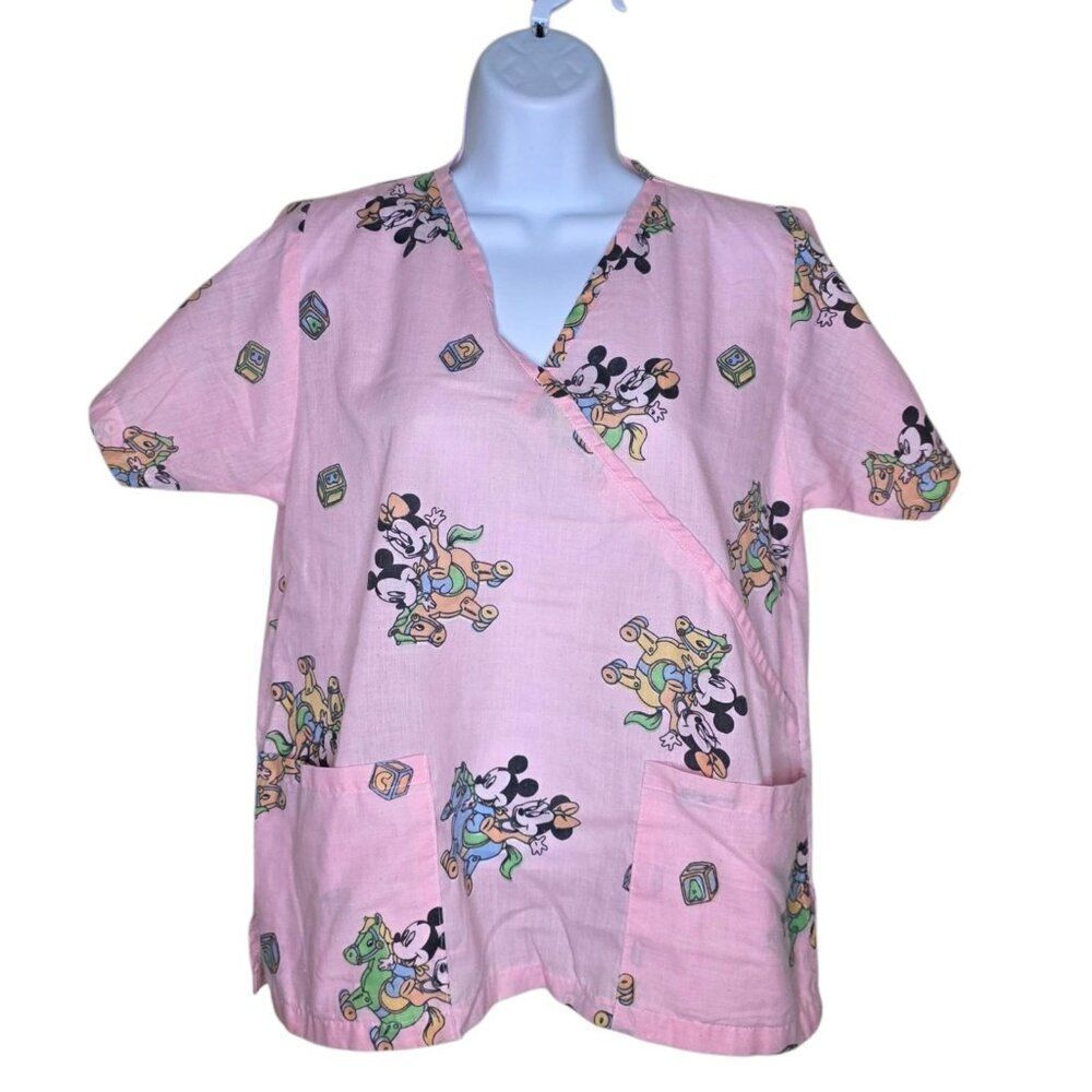 Vintage Disney Babies Mickey Minnie V-neck Scrub Top Womens XS Pink CUTTER